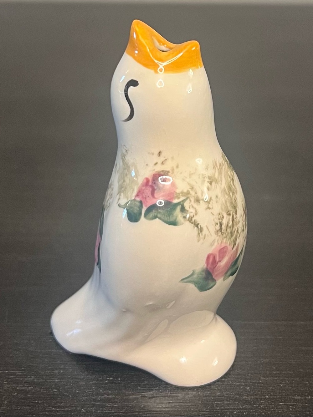 VTG Ceramic Pie Bird Pink Roses Hand Painted Floral Signed Pie Vent 4” Cottage